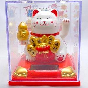 Gato Da Sorte Branco em acrílico com Energia Solar ( Maneki Neko )