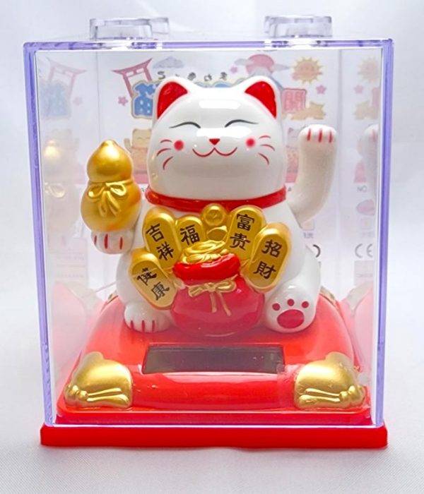 Gato Da Sorte Branco em acrílico com Energia Solar ( Maneki Neko )